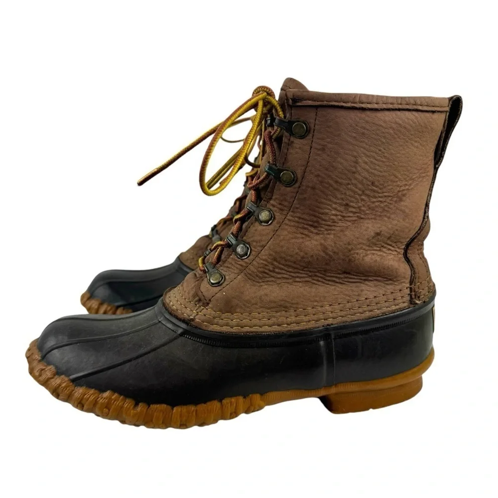 LL Bean The Bean Duck Lace Up Boots Brown Leather Rubber Size 8 Vintage Snow